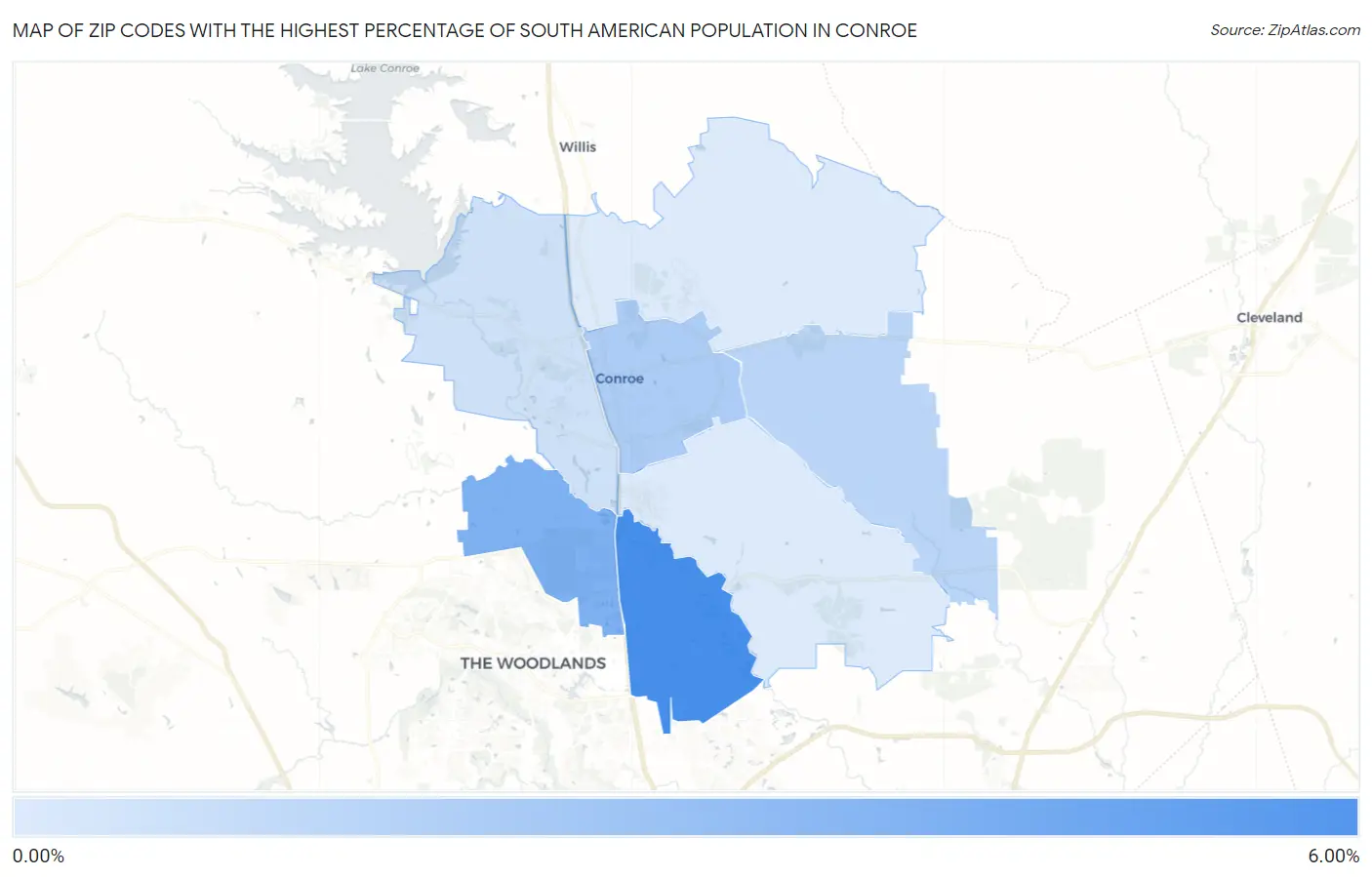 Zip Codes with the Highest Percentage of South American Population in Conroe Map