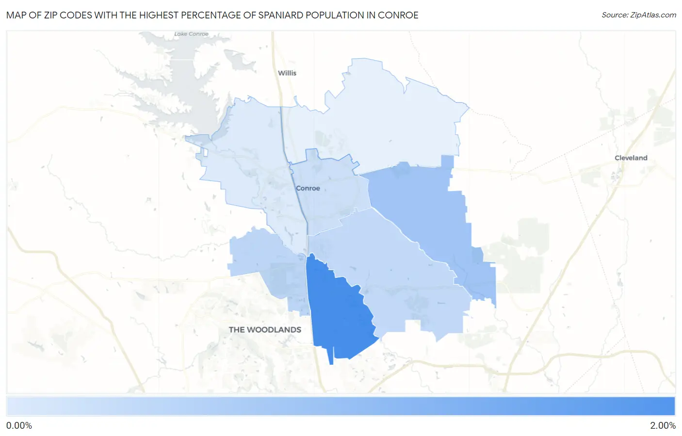 Zip Codes with the Highest Percentage of Spaniard Population in Conroe Map