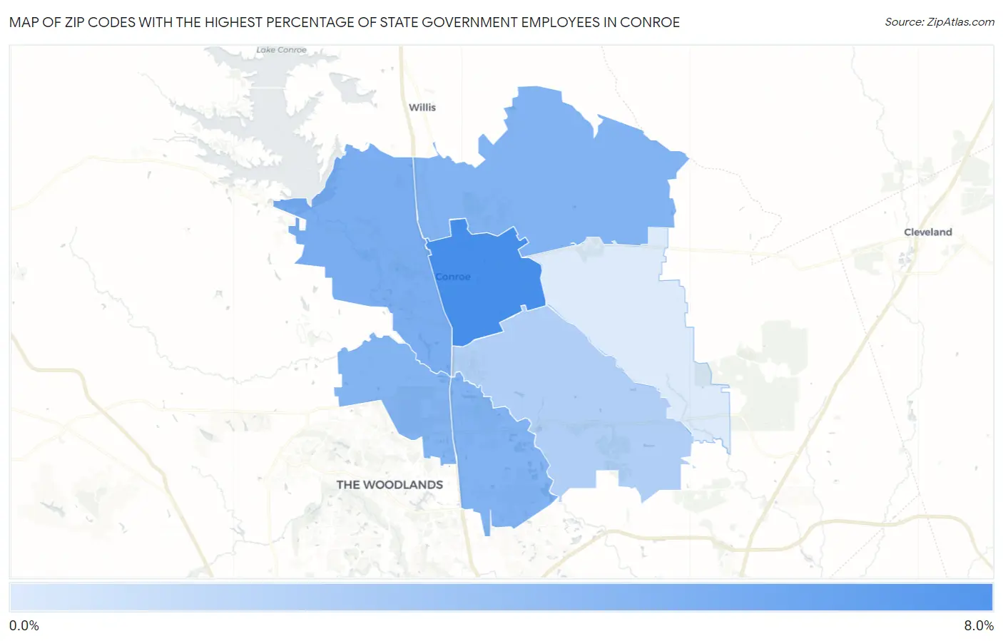 Zip Codes with the Highest Percentage of State Government Employees in Conroe Map