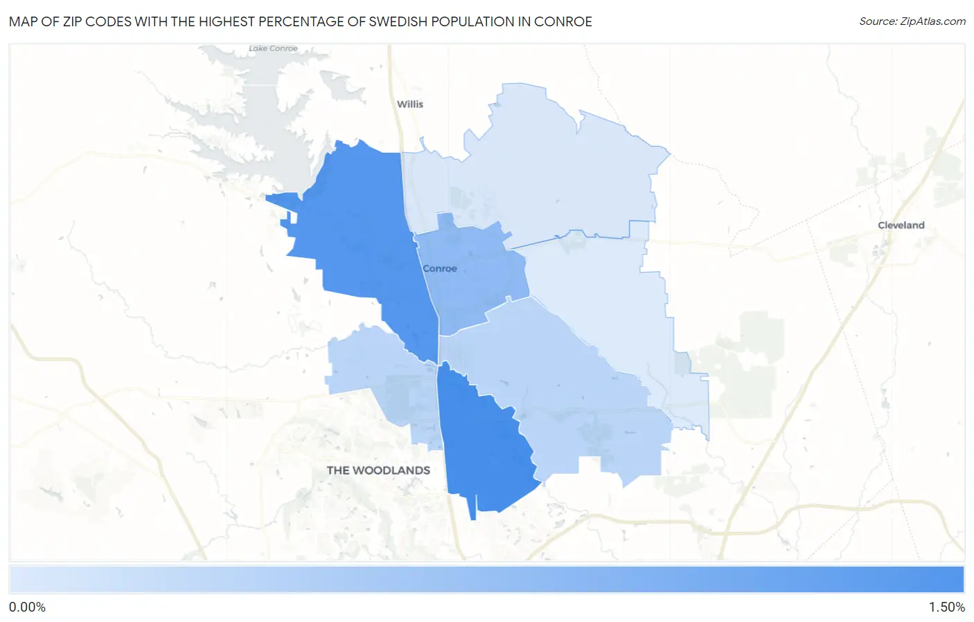 Zip Codes with the Highest Percentage of Swedish Population in Conroe Map