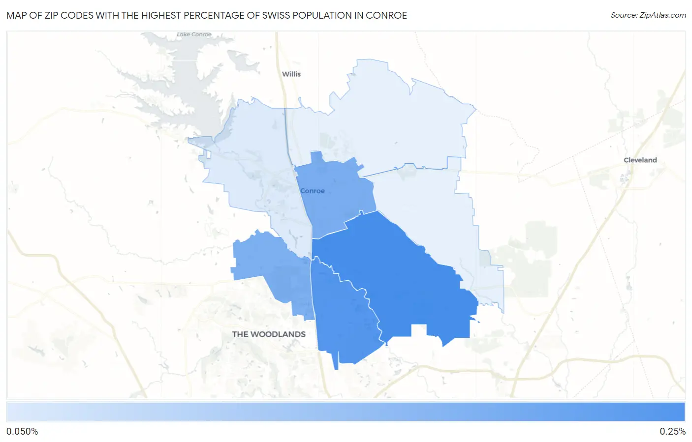 Zip Codes with the Highest Percentage of Swiss Population in Conroe Map