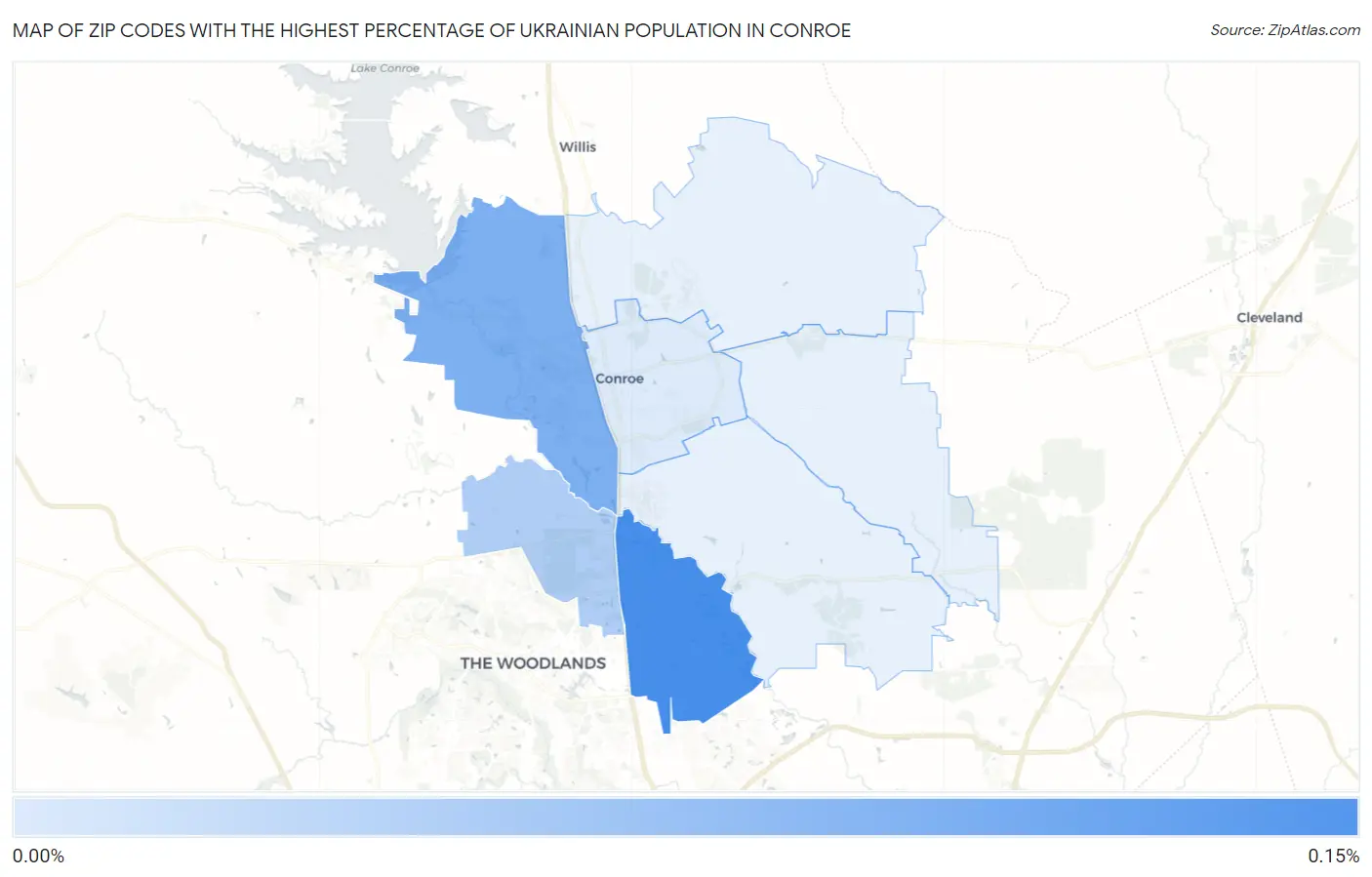 Zip Codes with the Highest Percentage of Ukrainian Population in Conroe Map