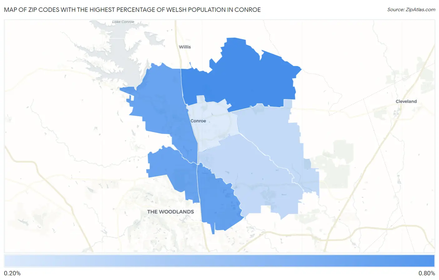 Zip Codes with the Highest Percentage of Welsh Population in Conroe Map