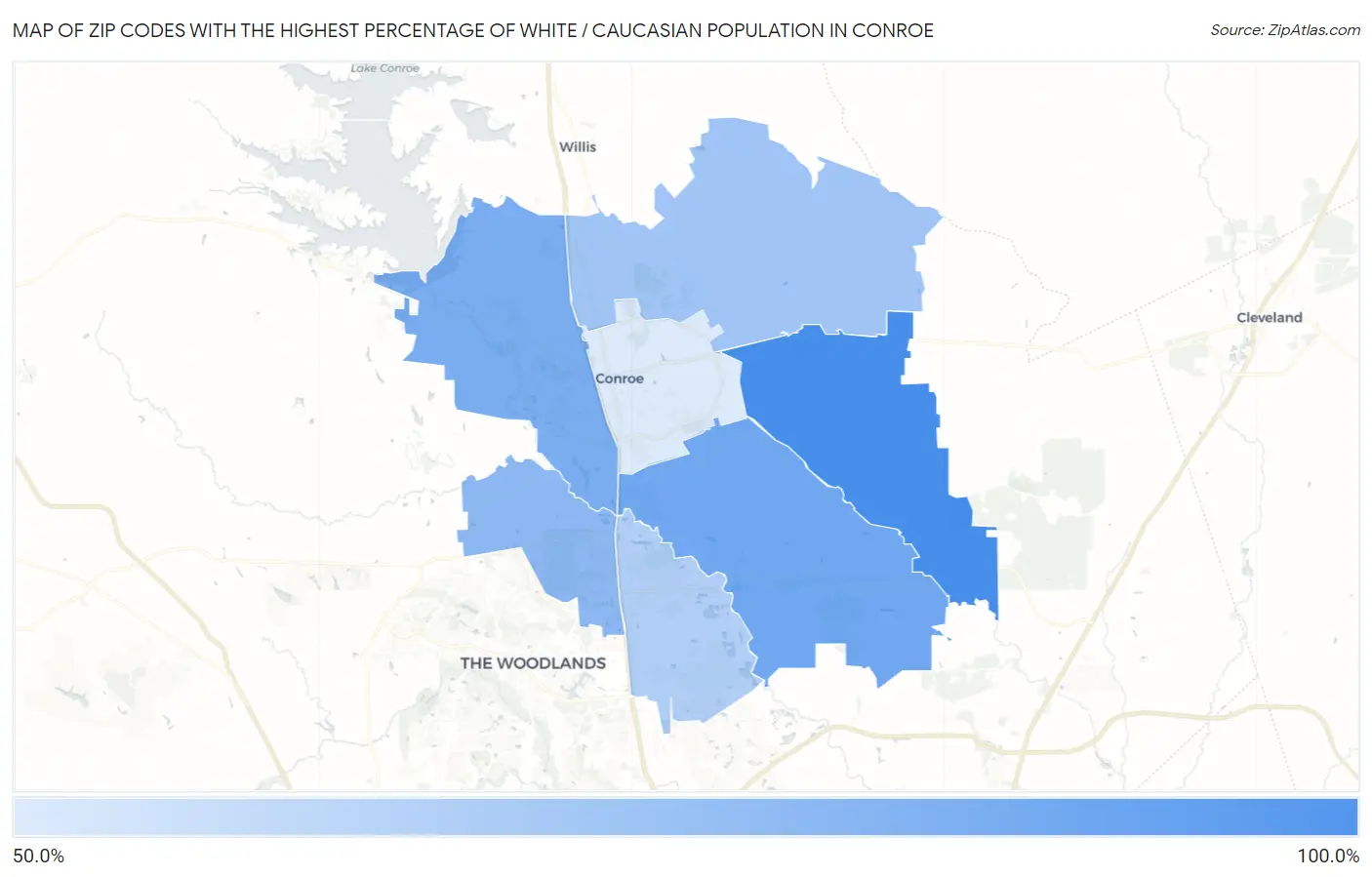 Zip Codes with the Highest Percentage of White / Caucasian Population in Conroe Map