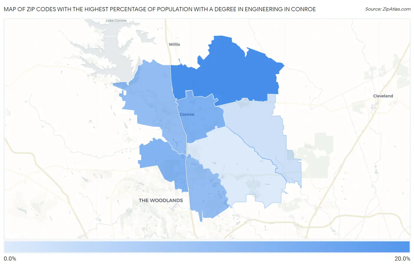 Zip Codes with the Highest Percentage of Population with a Degree in Engineering in Conroe Map