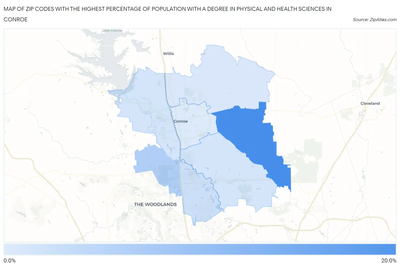 Zip Codes with the Highest Percentage of Population with a Degree in Physical and Health Sciences in Conroe Map