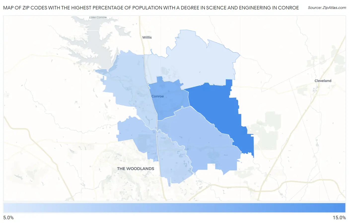 Zip Codes with the Highest Percentage of Population with a Degree in Science and Engineering in Conroe Map