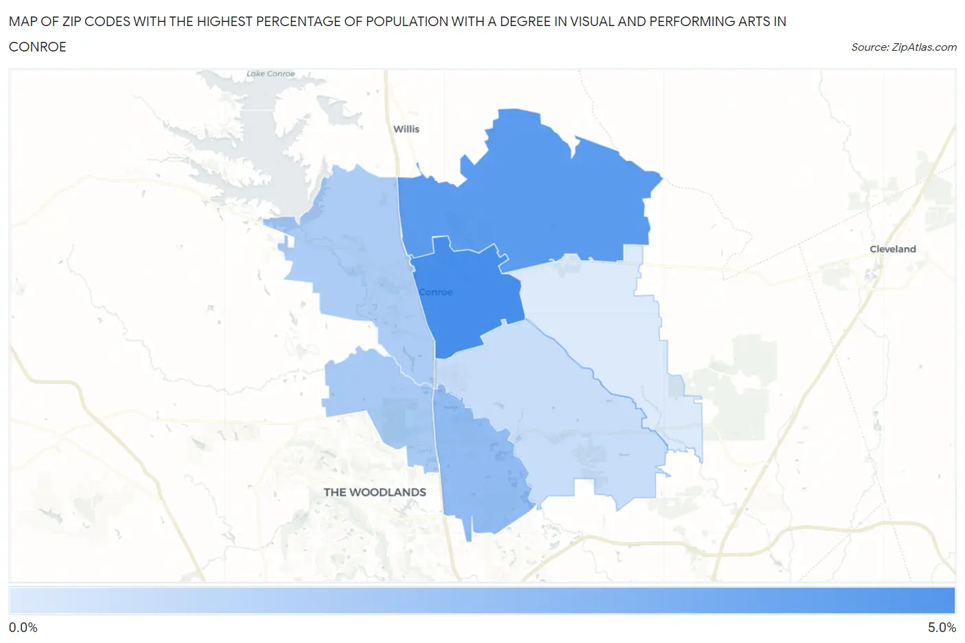 Zip Codes with the Highest Percentage of Population with a Degree in Visual and Performing Arts in Conroe Map