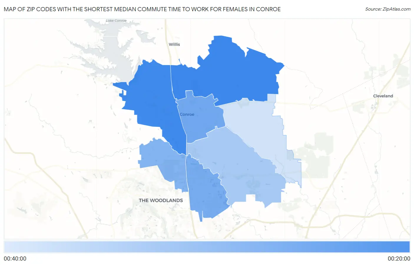 Zip Codes with the Shortest Median Commute Time to Work for Females in Conroe Map