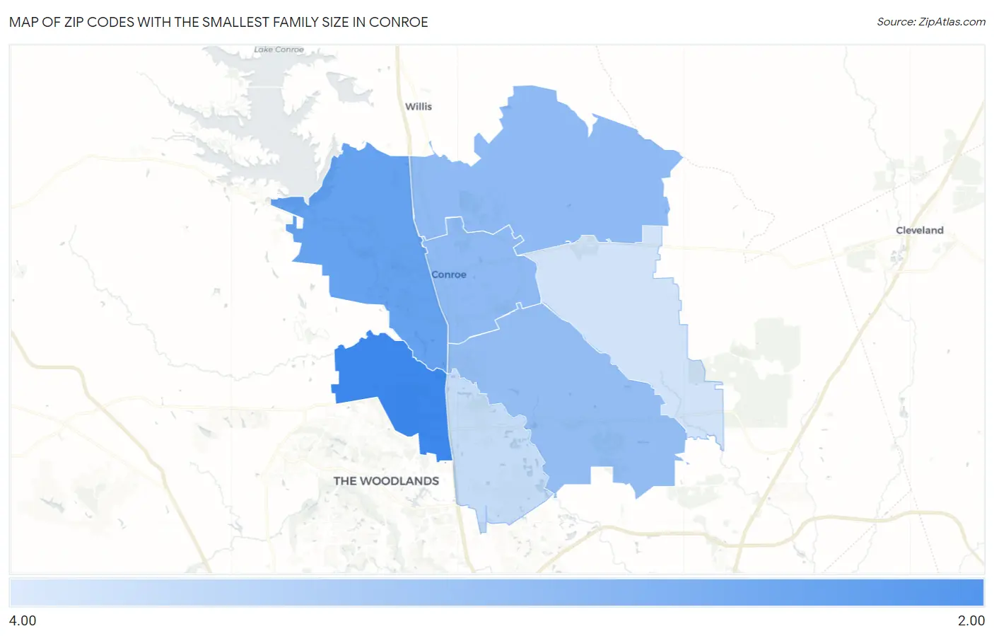 Zip Codes with the Smallest Family Size in Conroe Map