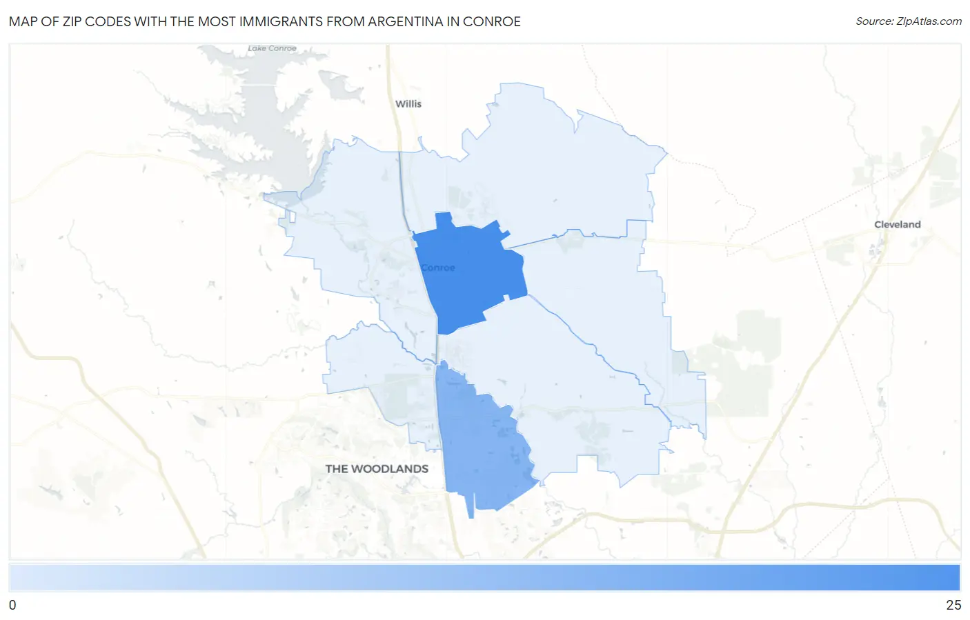 Zip Codes with the Most Immigrants from Argentina in Conroe Map