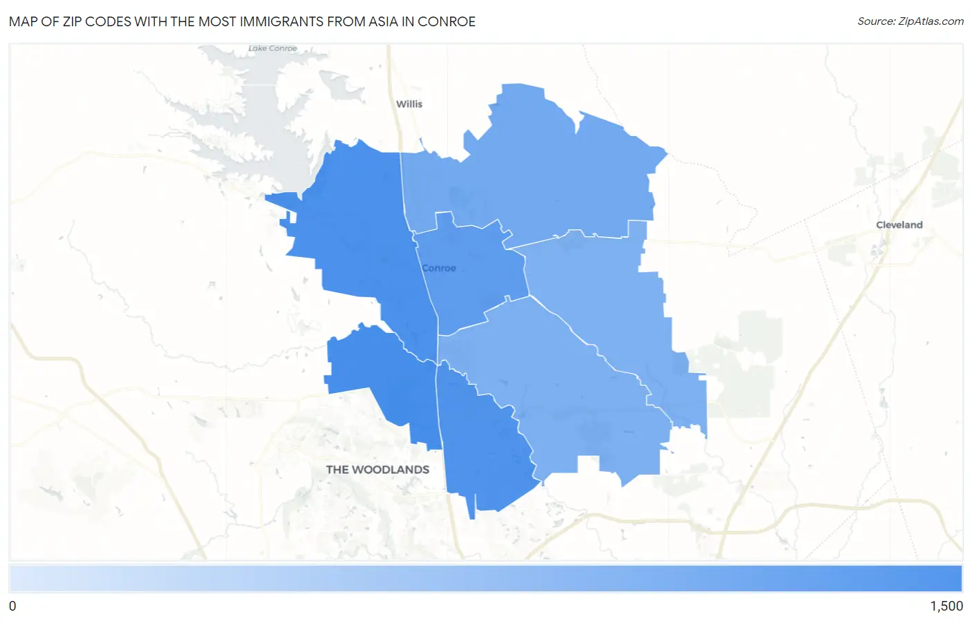 Zip Codes with the Most Immigrants from Asia in Conroe Map