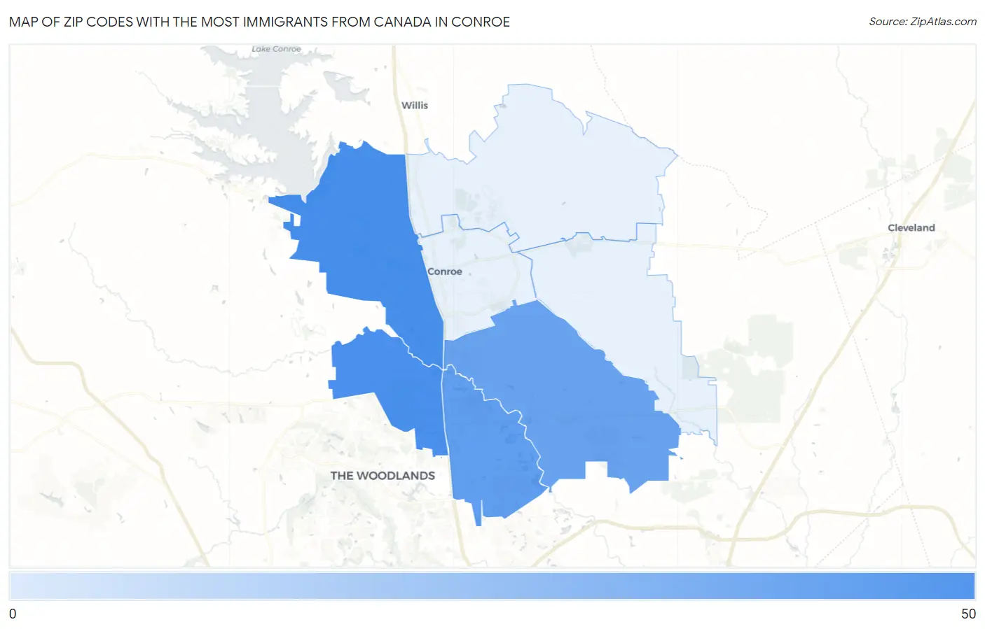 Zip Codes with the Most Immigrants from Canada in Conroe Map
