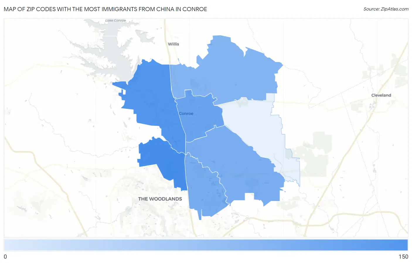 Zip Codes with the Most Immigrants from China in Conroe Map