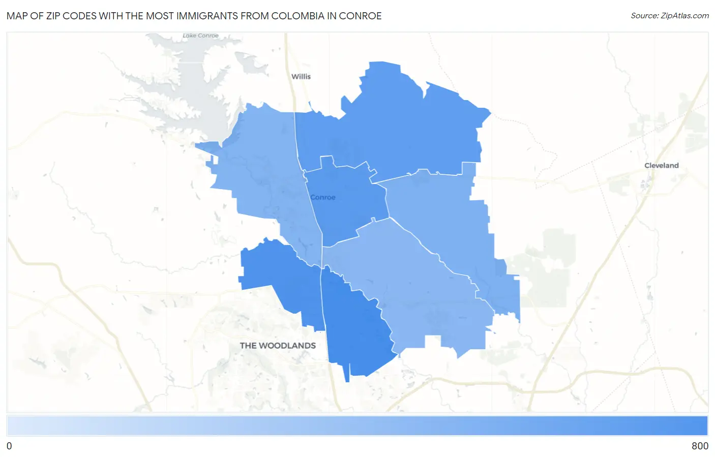 Zip Codes with the Most Immigrants from Colombia in Conroe Map