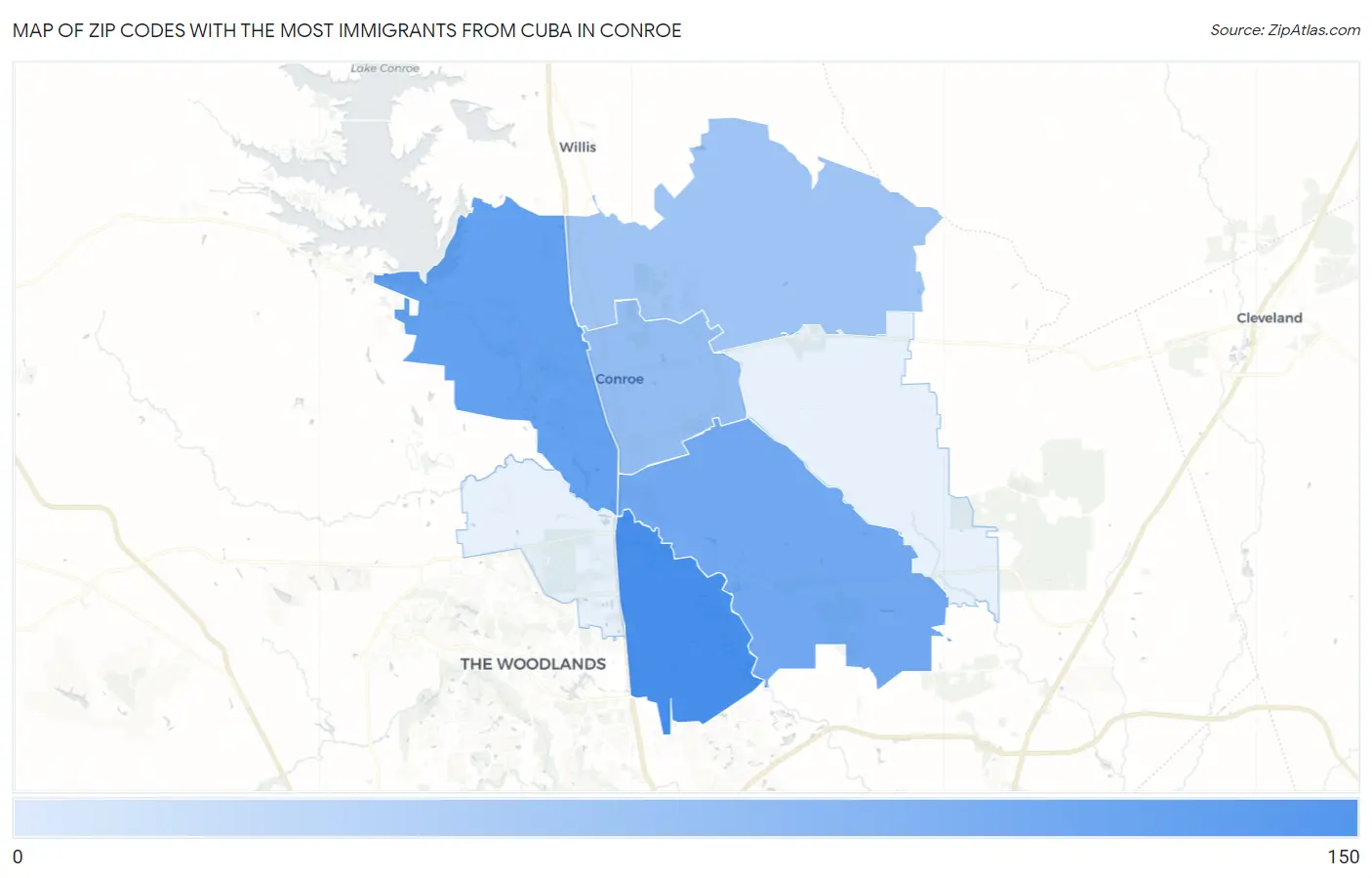 Zip Codes with the Most Immigrants from Cuba in Conroe Map