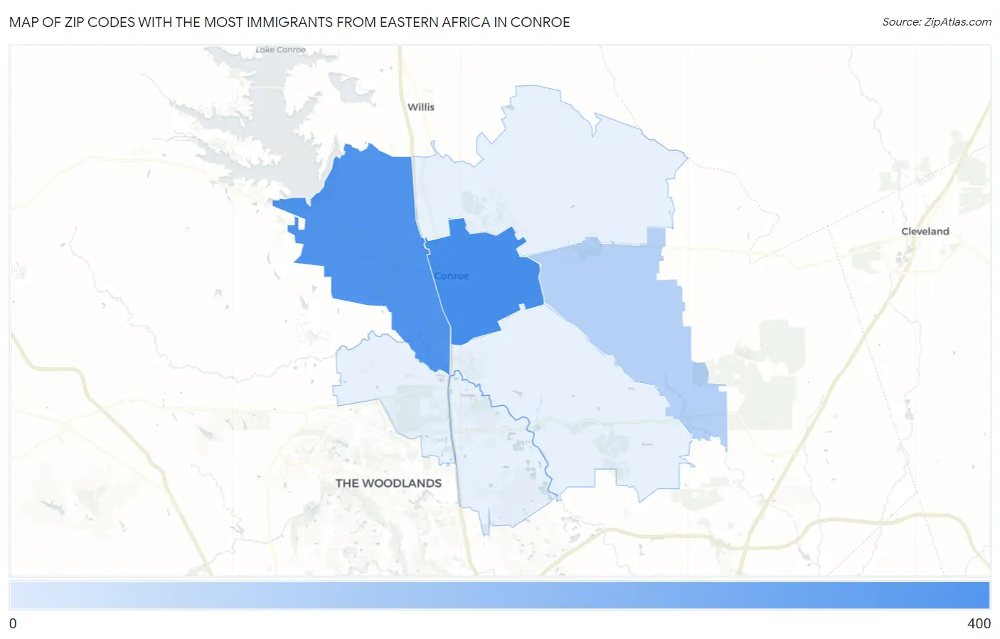Zip Codes with the Most Immigrants from Eastern Africa in Conroe Map