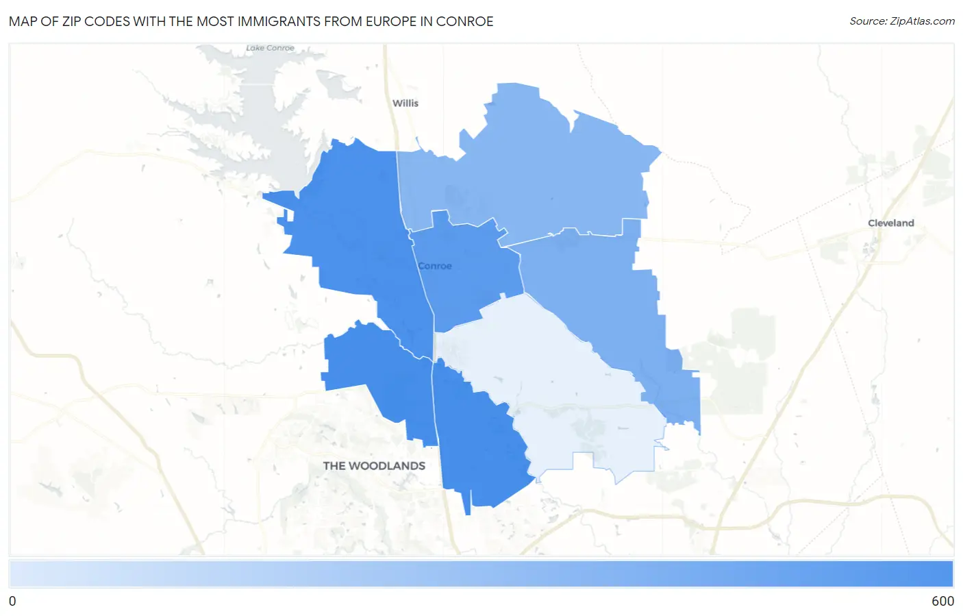 Zip Codes with the Most Immigrants from Europe in Conroe Map