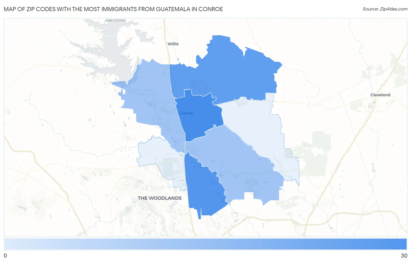 Zip Codes with the Most Immigrants from Guatemala in Conroe Map