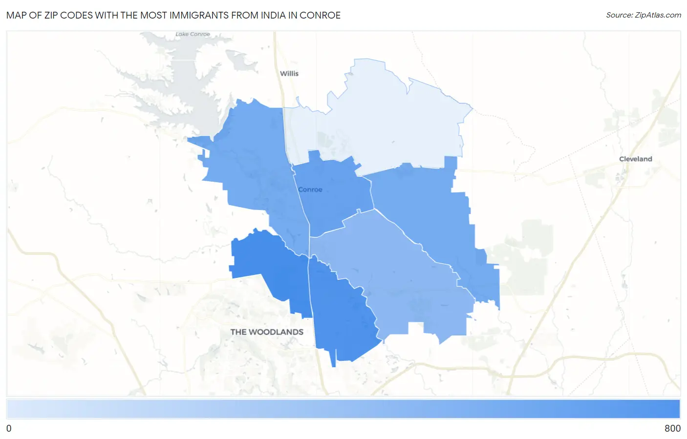 Zip Codes with the Most Immigrants from India in Conroe Map