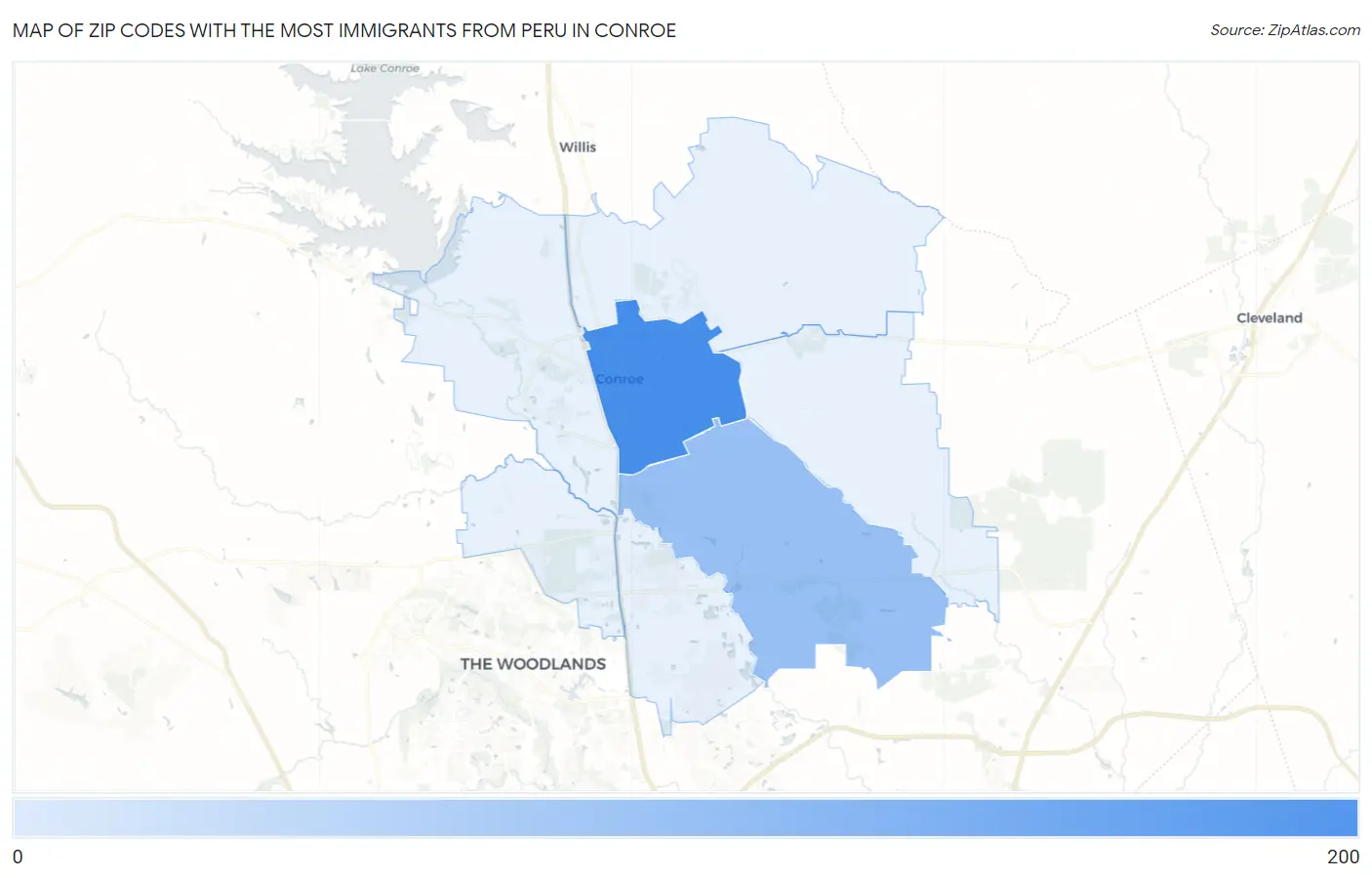 Zip Codes with the Most Immigrants from Peru in Conroe Map