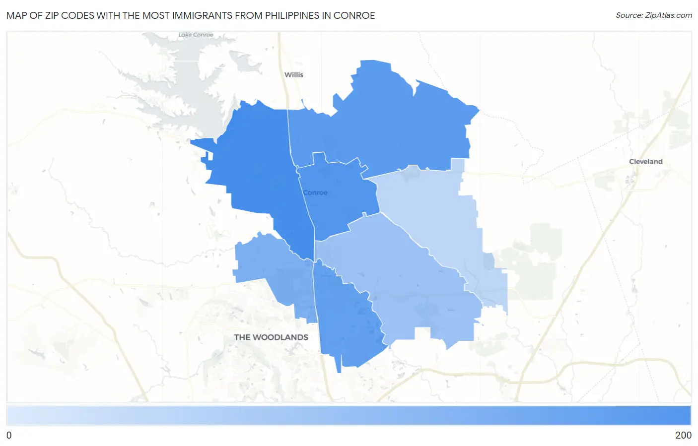 Zip Codes with the Most Immigrants from Philippines in Conroe Map