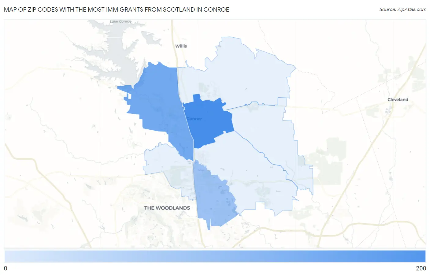 Zip Codes with the Most Immigrants from Scotland in Conroe Map