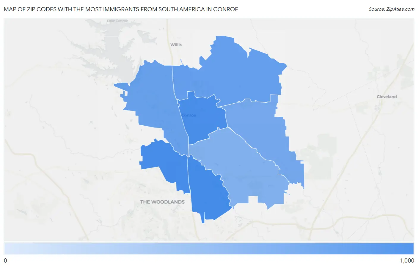 Zip Codes with the Most Immigrants from South America in Conroe Map
