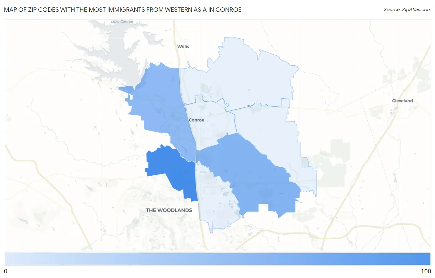 Zip Codes with the Most Immigrants from Western Asia in Conroe Map