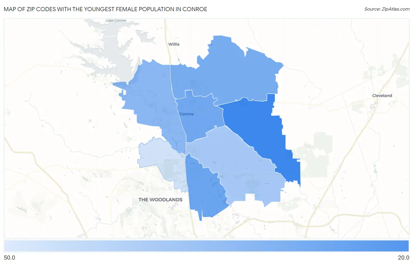 Zip Codes with the Youngest Female Population in Conroe Map