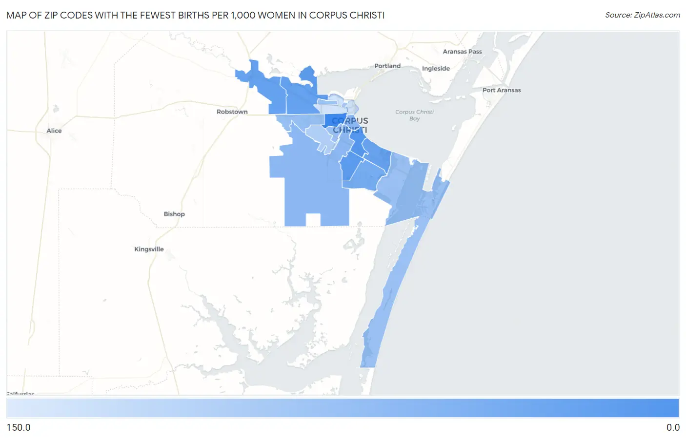 Zip Codes with the Fewest Births per 1,000 Women in Corpus Christi Map