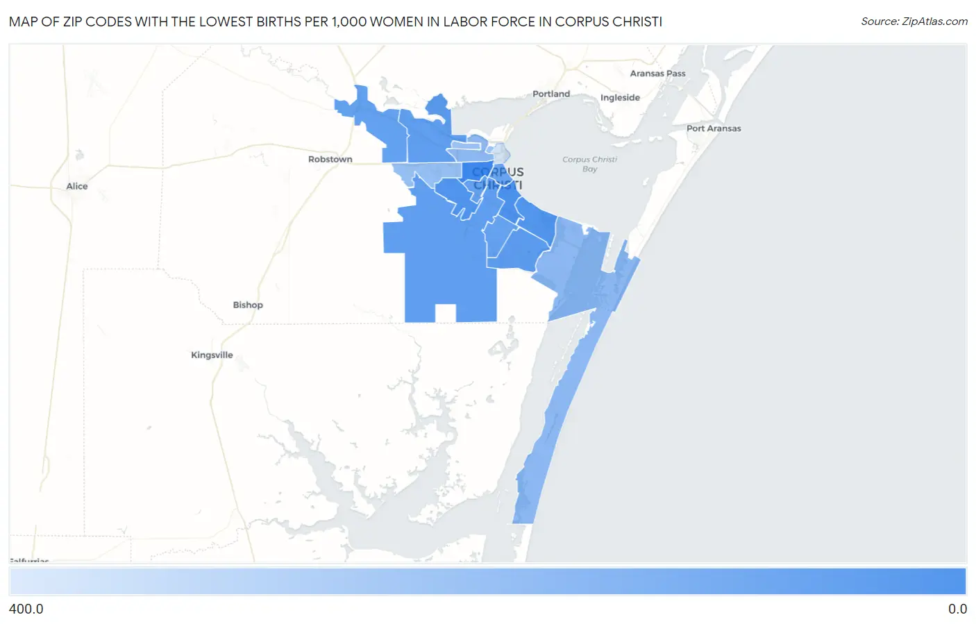 Zip Codes with the Lowest Births per 1,000 Women in Labor Force in Corpus Christi Map