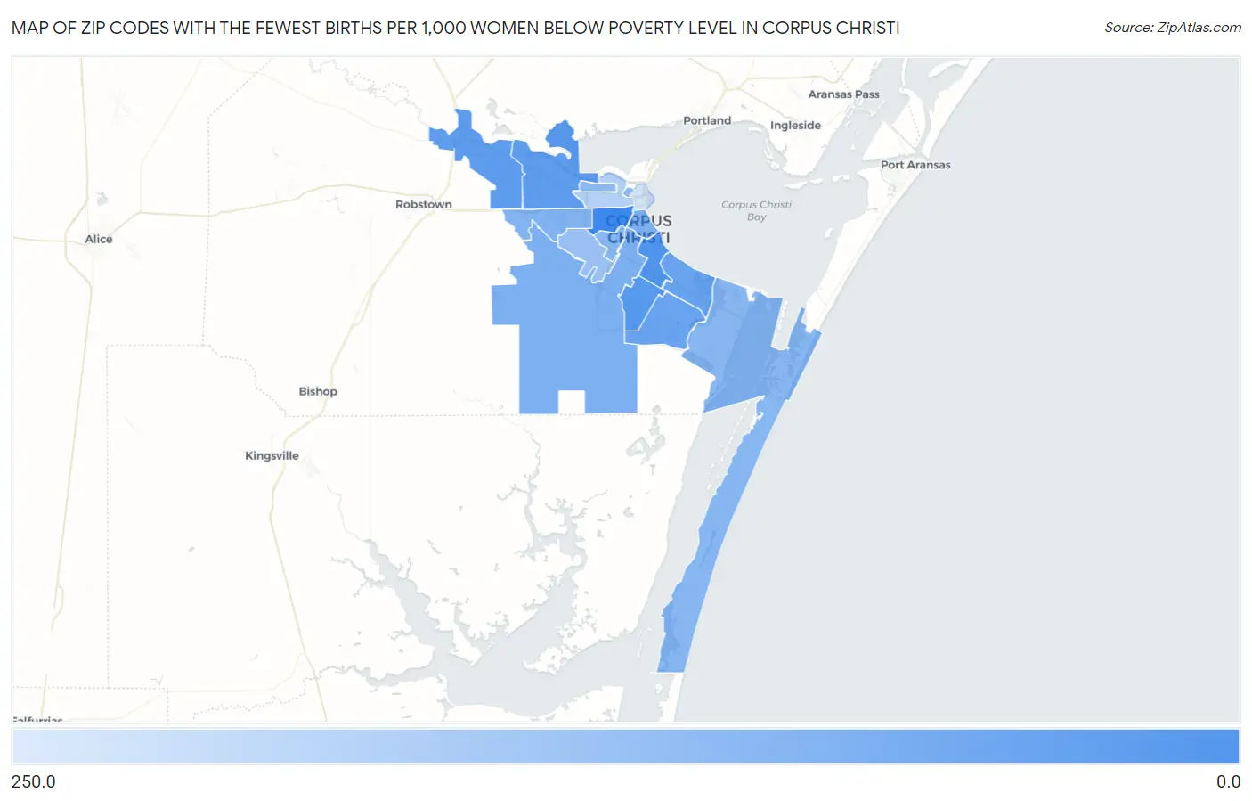 Zip Codes with the Fewest Births per 1,000 Women Below Poverty Level in Corpus Christi Map