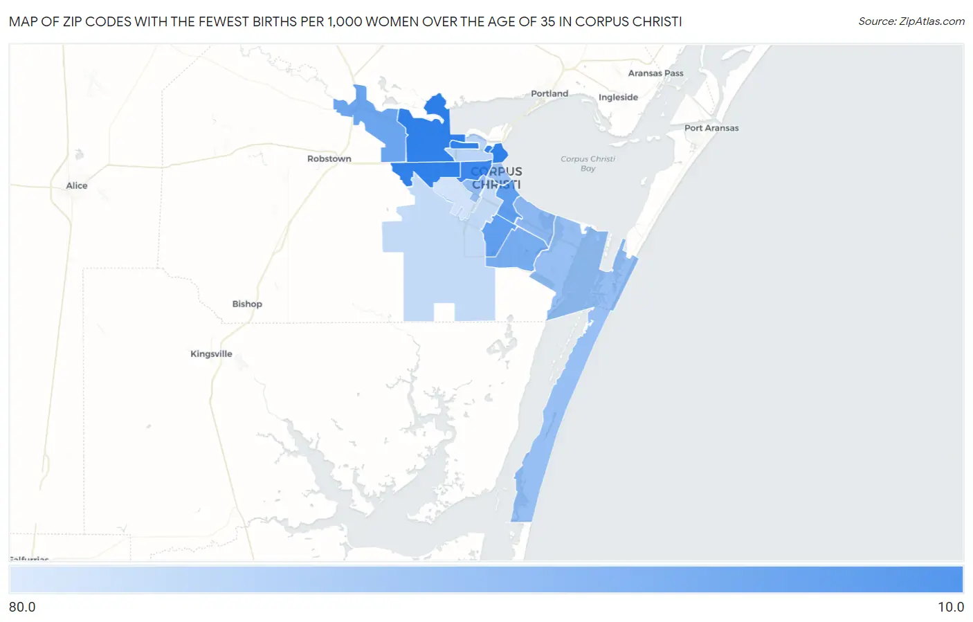 Zip Codes with the Fewest Births per 1,000 Women Over the Age of 35 in Corpus Christi Map