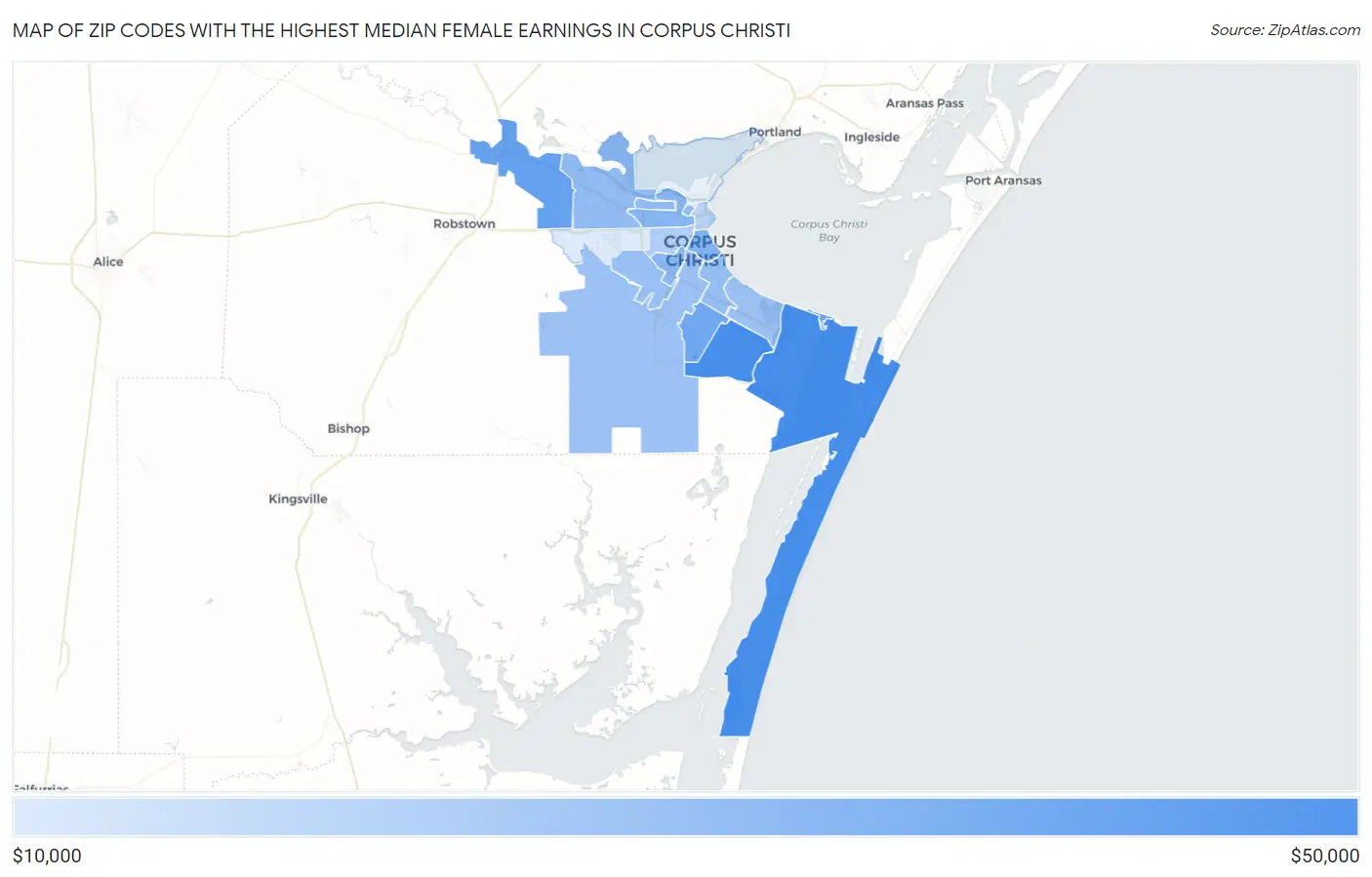 Zip Codes with the Highest Median Female Earnings in Corpus Christi Map