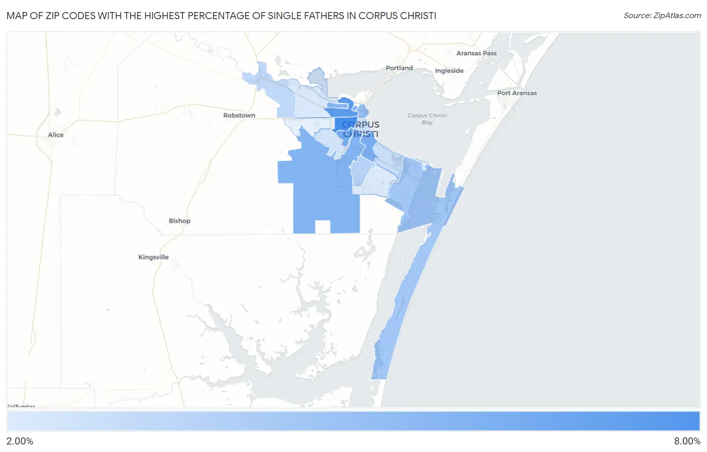 Zip Codes with the Highest Percentage of Single Fathers in Corpus Christi Map