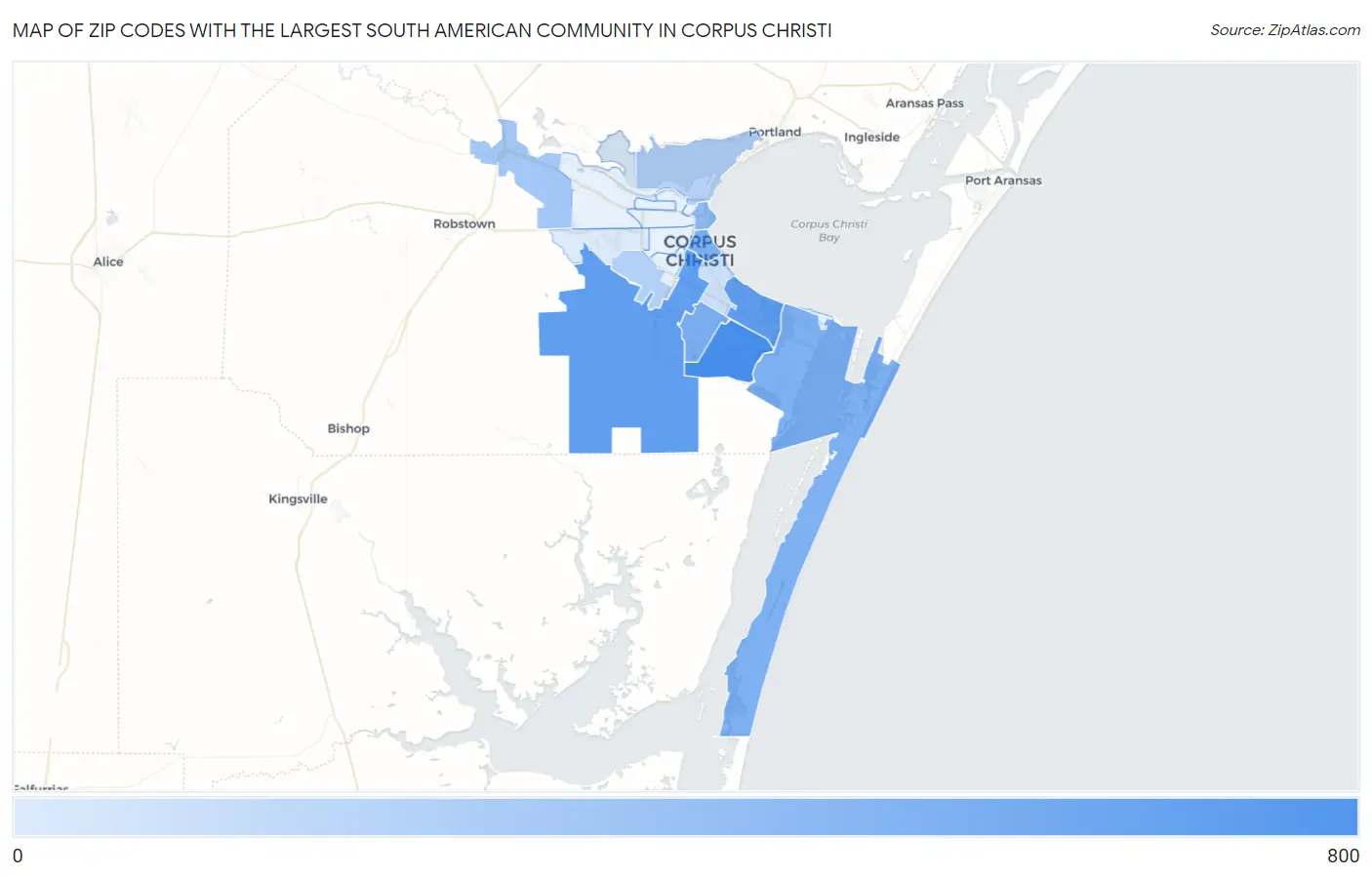 Zip Codes with the Largest South American Community in Corpus Christi Map