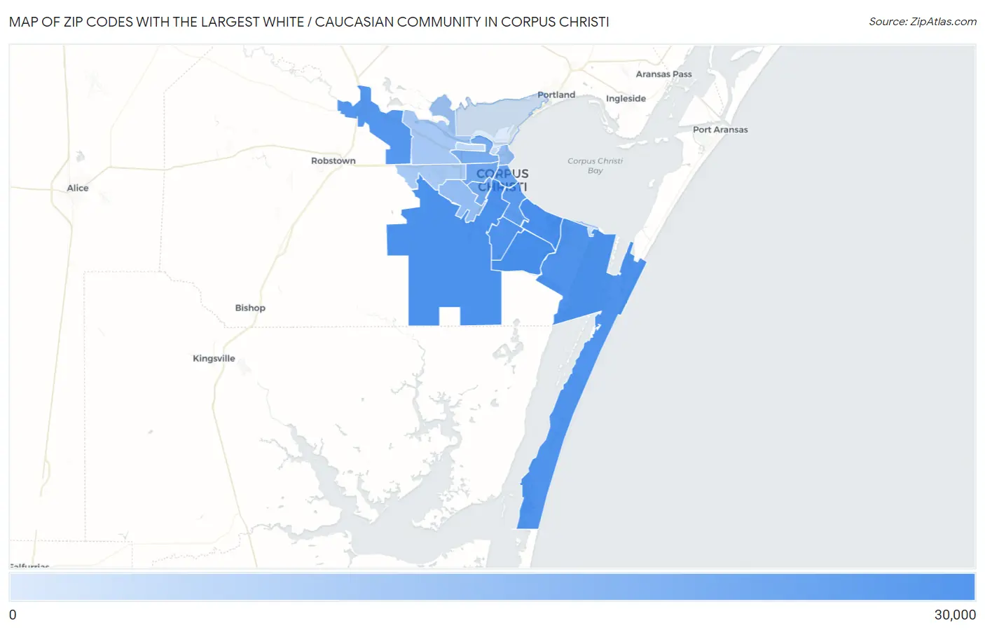 Zip Codes with the Largest White / Caucasian Community in Corpus Christi Map