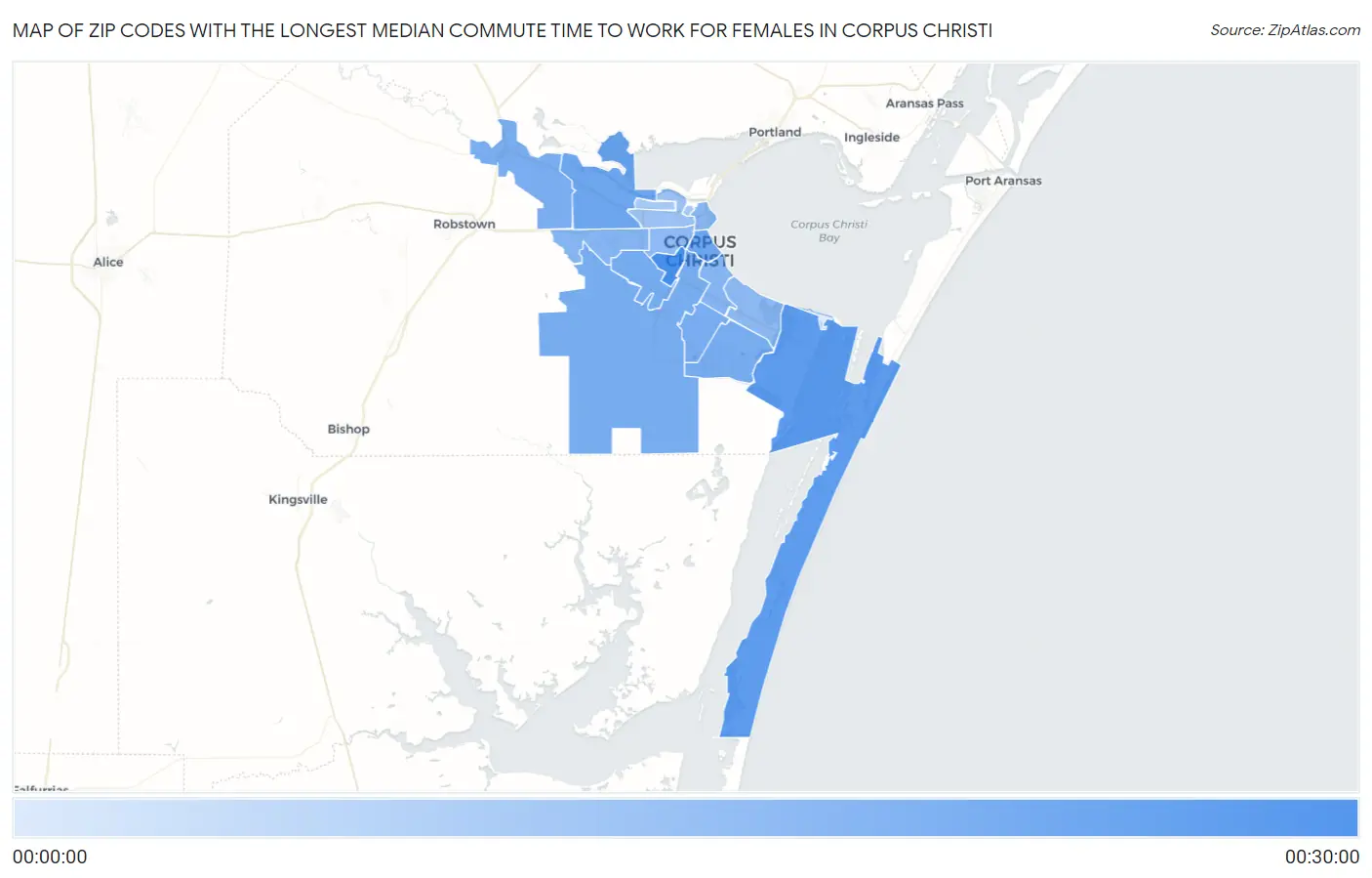 Zip Codes with the Longest Median Commute Time to Work for Females in Corpus Christi Map