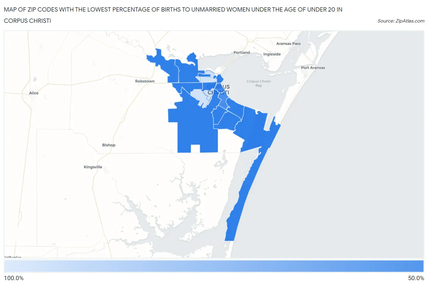 Zip Codes with the Lowest Percentage of Births to Unmarried Women under the Age of under 20 in Corpus Christi Map