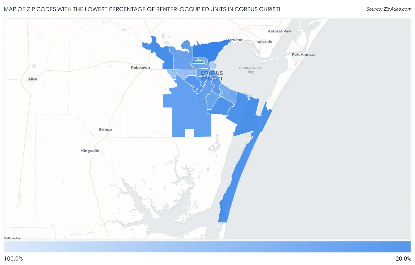 Zip Codes with the Lowest Percentage of Renter-Occupied Units in Corpus Christi Map
