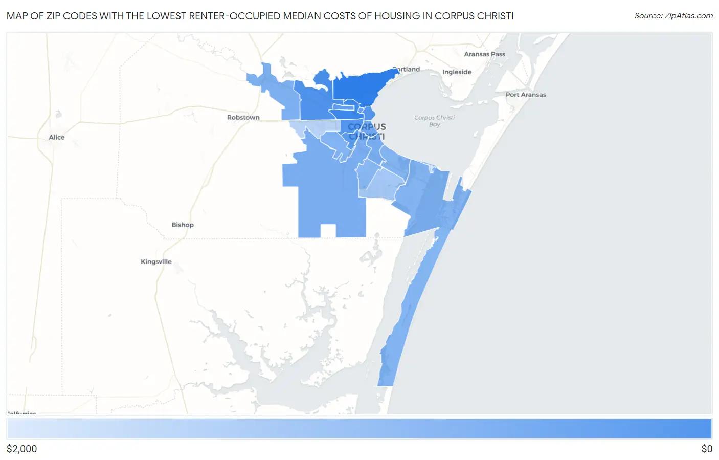 Zip Codes with the Lowest Renter-Occupied Median Costs of Housing in Corpus Christi Map