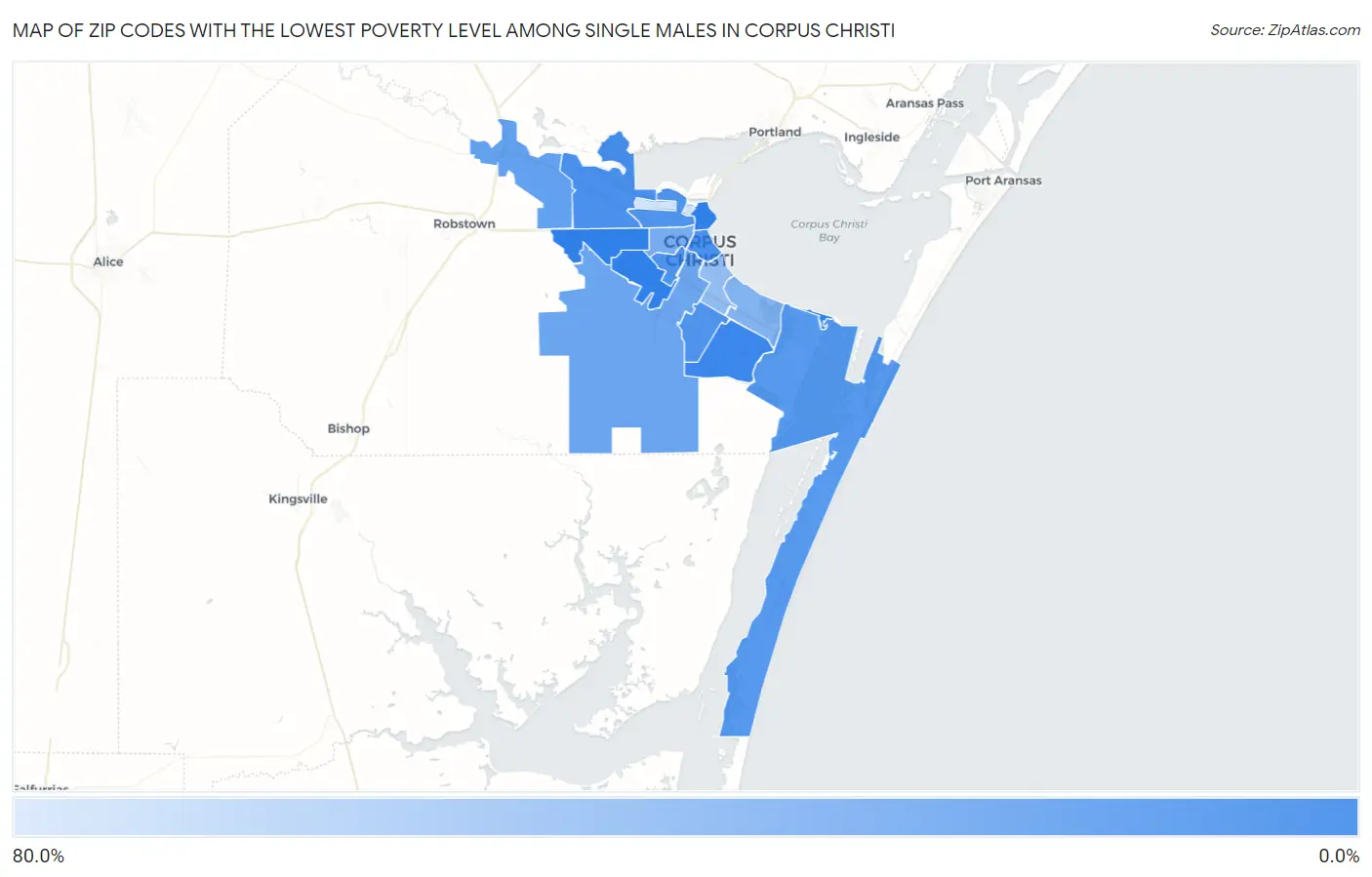 Zip Codes with the Lowest Poverty Level Among Single Males in Corpus Christi Map