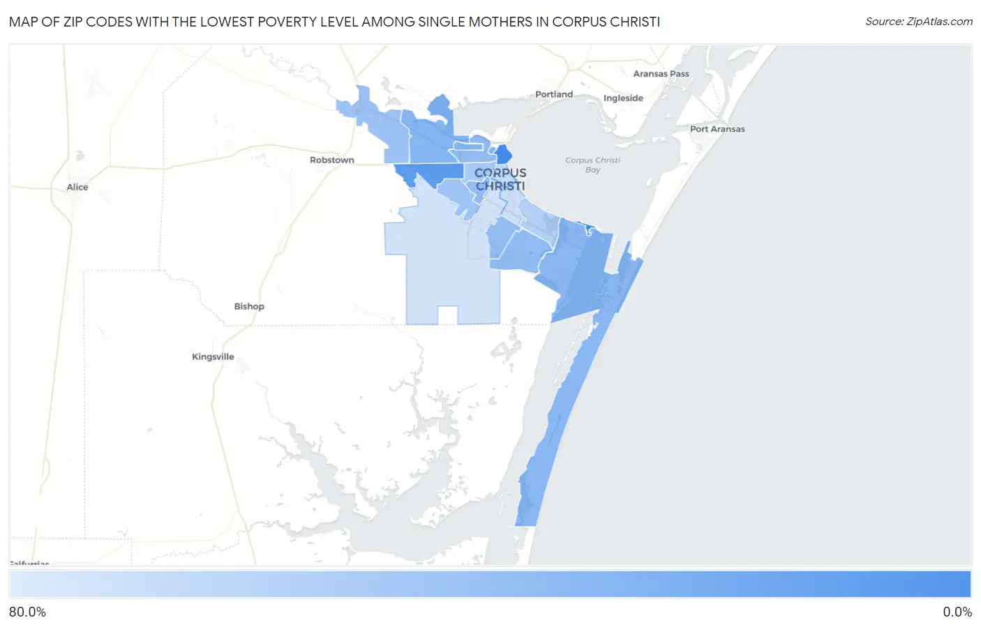 Zip Codes with the Lowest Poverty Level Among Single Mothers in Corpus Christi Map