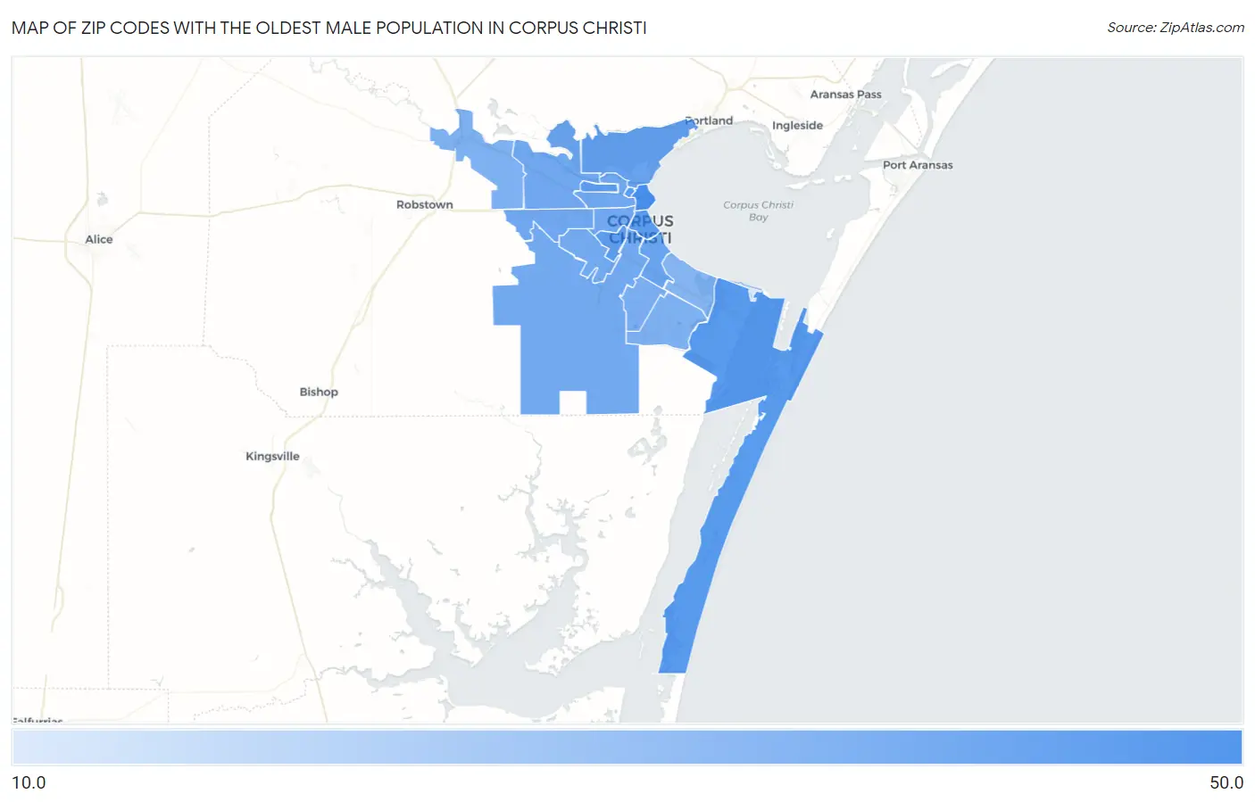 Zip Codes with the Oldest Male Population in Corpus Christi Map