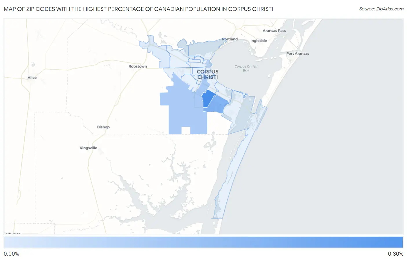 Zip Codes with the Highest Percentage of Canadian Population in Corpus Christi Map