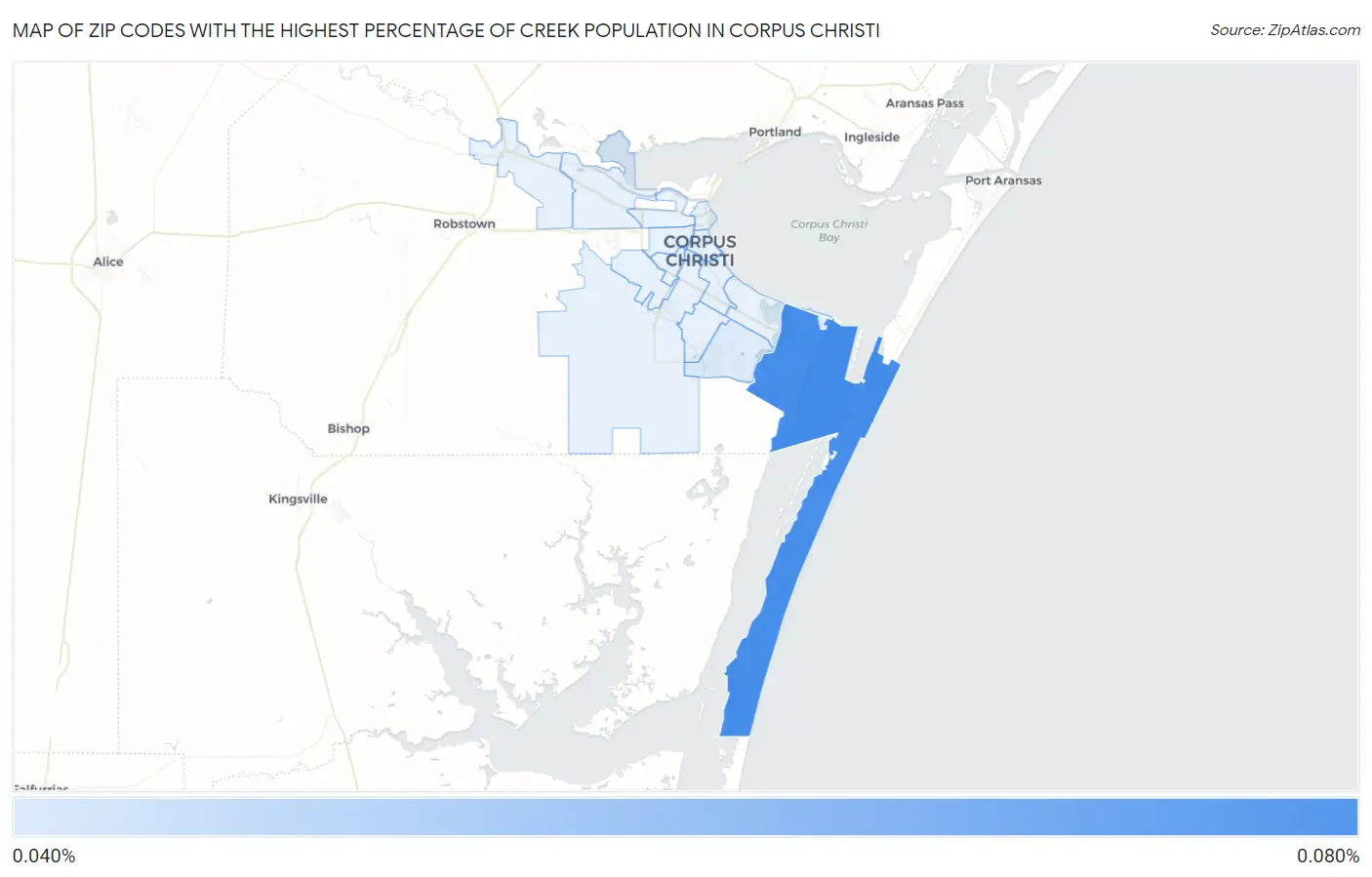 Zip Codes with the Highest Percentage of Creek Population in Corpus Christi Map