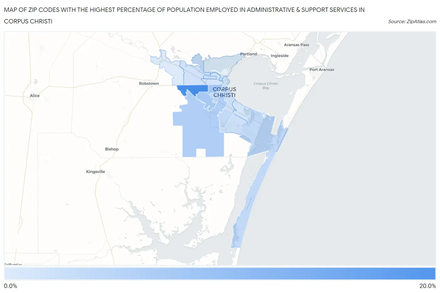 Zip Codes with the Highest Percentage of Population Employed in Administrative & Support Services in Corpus Christi Map