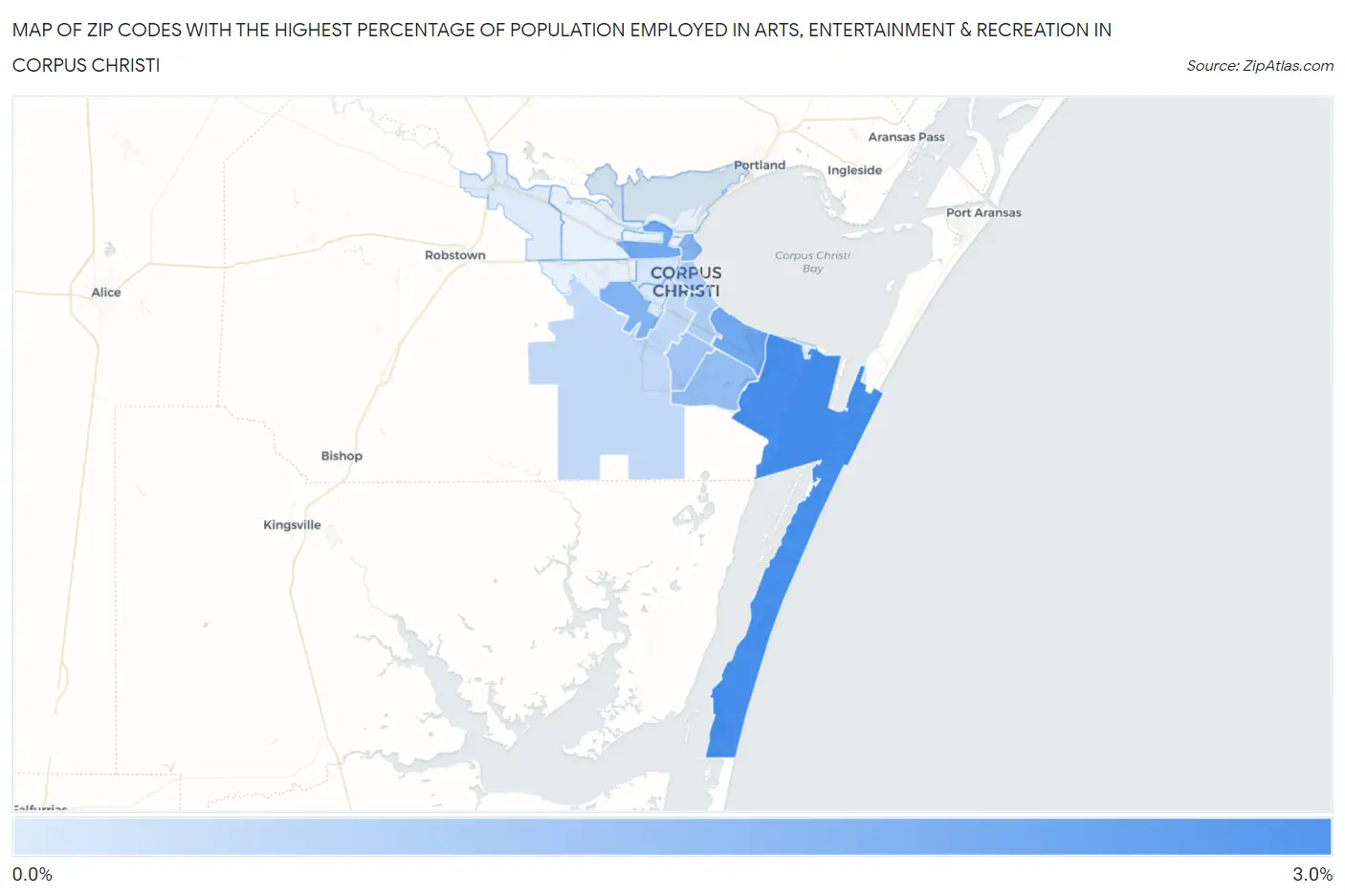 Zip Codes with the Highest Percentage of Population Employed in Arts, Entertainment & Recreation in Corpus Christi Map