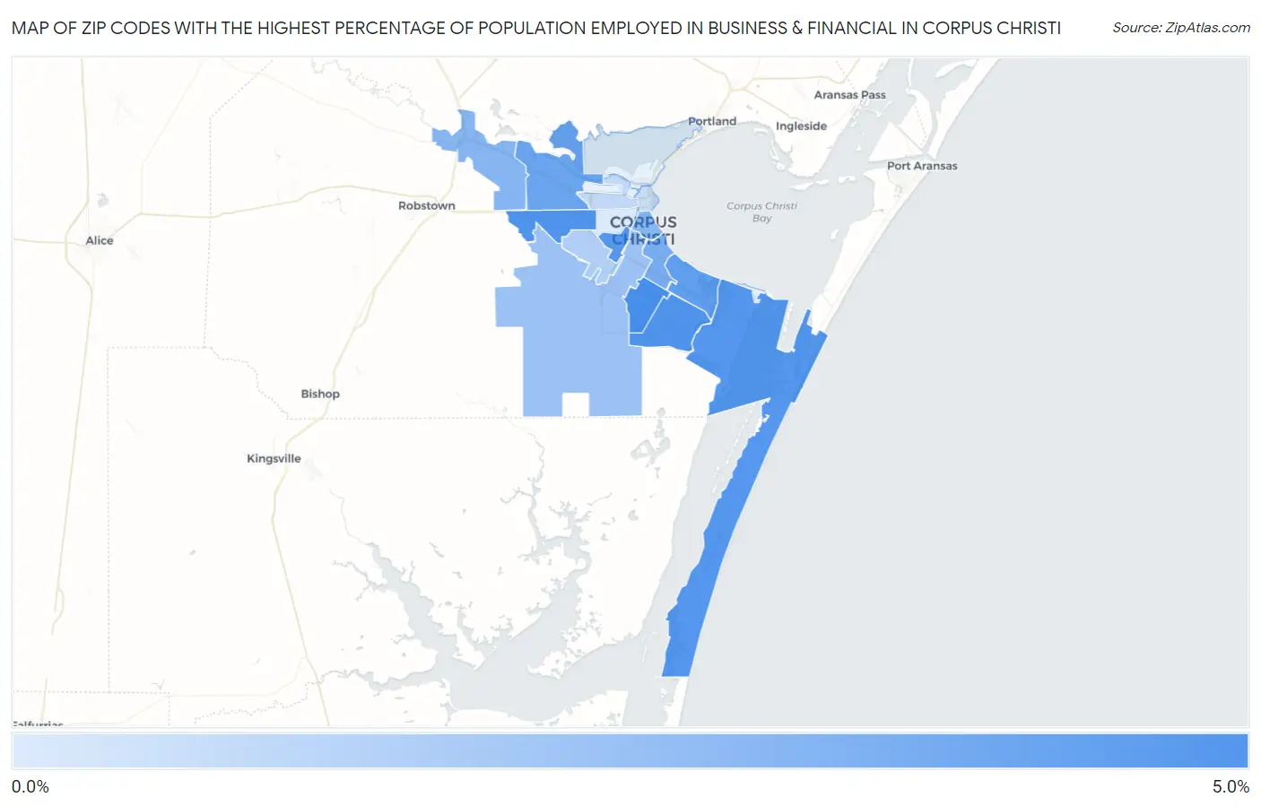 Zip Codes with the Highest Percentage of Population Employed in Business & Financial in Corpus Christi Map